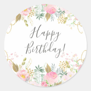 Sticker Rond Joyeux Anniversaire Fleurs Roses
