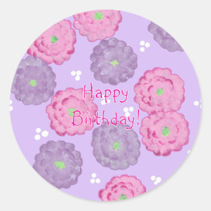 Sticker Rond Joyeux Anniversaire, fleurs roses et violettes aut