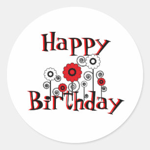 Sticker Rond Joyeux anniversaire, fleurs rouges et blanches, su