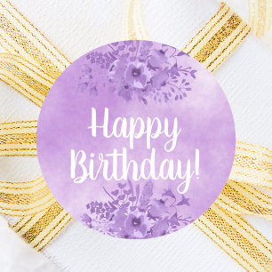 Sticker Rond Joyeux Anniversaire fleurs violettes