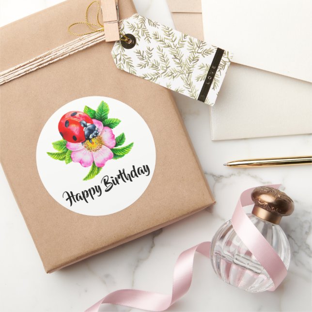 Sticker Rond Joyeux anniversaire Floral Ladybug (Cadeaux)