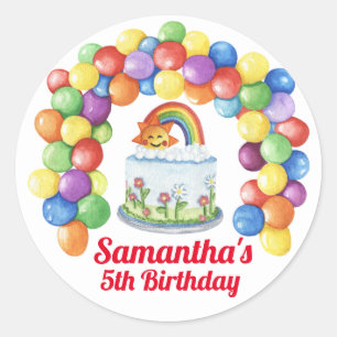 Sticker Rond Joyeux Anniversaire Gâteau Coloré Ballons Aquarell