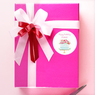 Sticker Rond Joyeux Anniversaire Gâteau d'Anniversaire Floral A