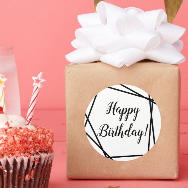 Sticker Rond Joyeux anniversaire géométrique noir et blanc (Fête)