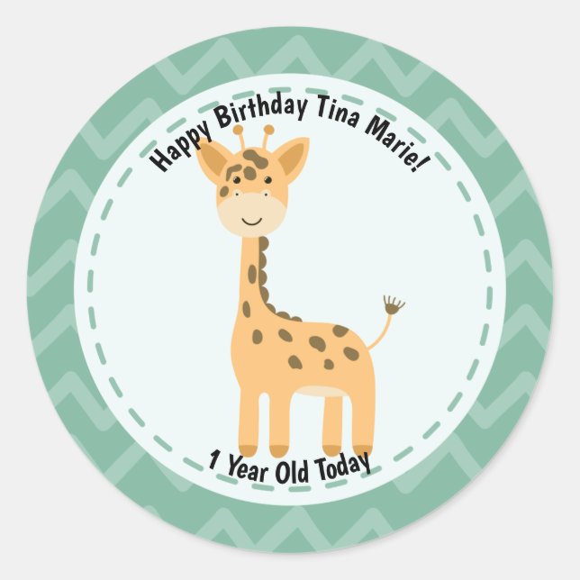 Sticker Rond Joyeux Anniversaire Giraffe Zoo Animaux (Devant)