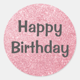 Sticker Rond Joyeux Anniversaire Glamour Rose Poudré Paillettes