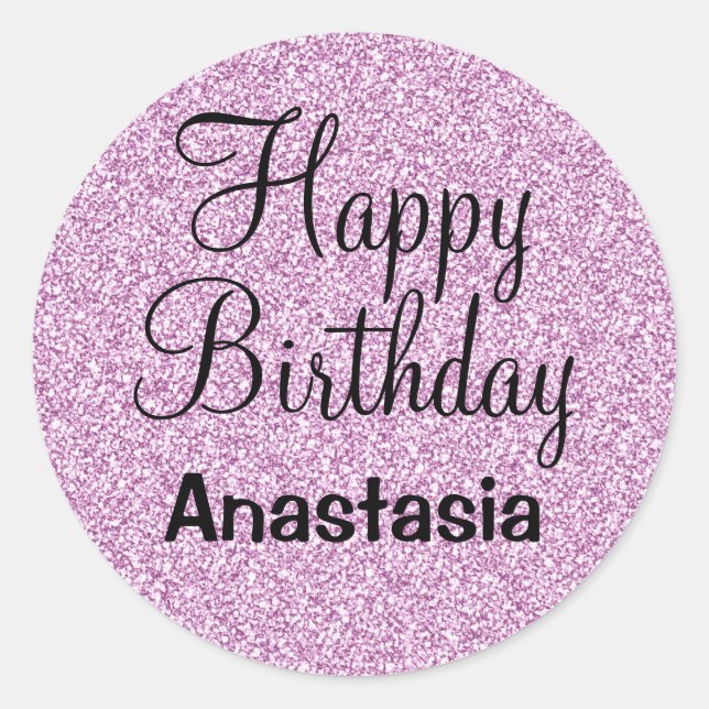 Sticker Rond Joyeux Anniversaire Glitter Violet Pailleté Nom (Devant)