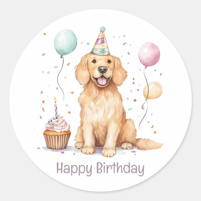 Sticker Rond Joyeux Anniversaire Golden Retriever Chien (Devant)