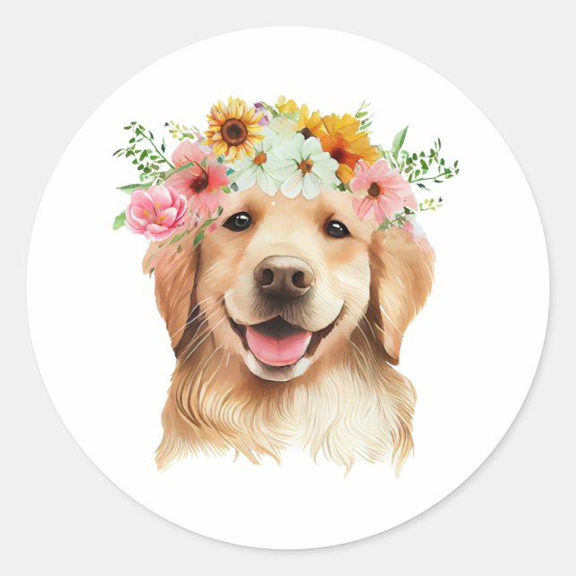 Sticker Rond Joyeux Anniversaire Golden Retriever Chien avec Fl (Devant)