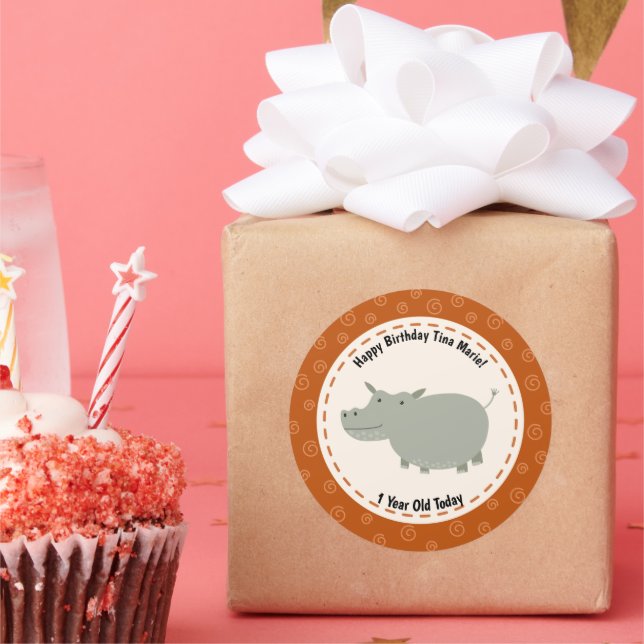 Sticker Rond Joyeux anniversaire HIppo Hippopotamus Zoo Animaux (Fête)