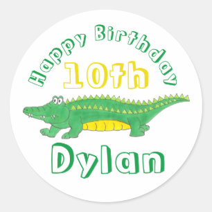 Sticker Rond Joyeux Anniversaire Jaune Alligator Vert Crocodile