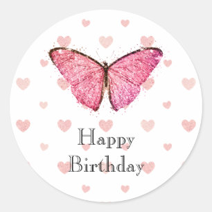 Sticker Rond Joyeux Anniversaire, Joli Papillon Parties scintil