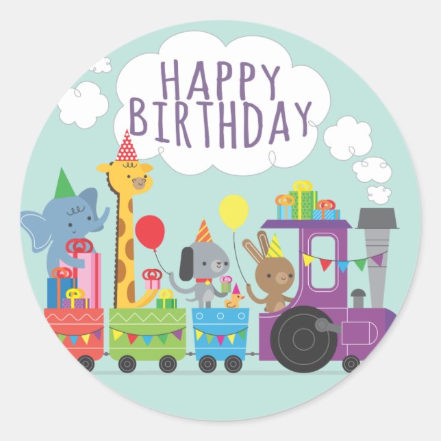 Sticker Rond Joyeux anniversaire joli zoo animal personnages tr (Devant)