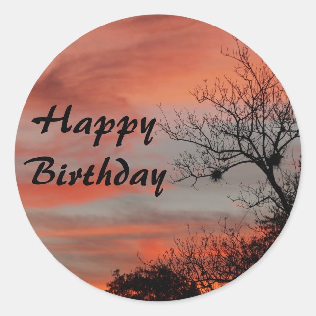 Sticker Rond Joyeux anniversaire, lever de soleil rose avec arb (Devant)