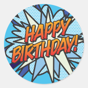 Sticker Rond Joyeux Anniversaire Livre de Bande Dessinée Rétro 