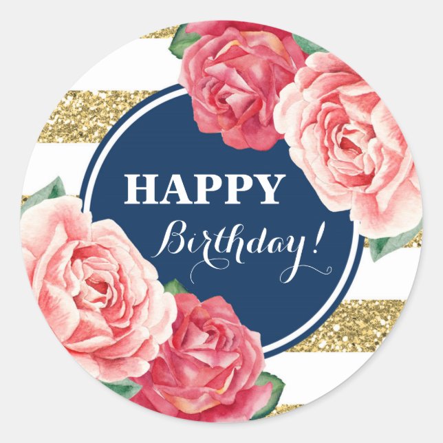 Sticker Rond Joyeux Anniversaire Marine Bleu Gold Stripes rose  (Devant)