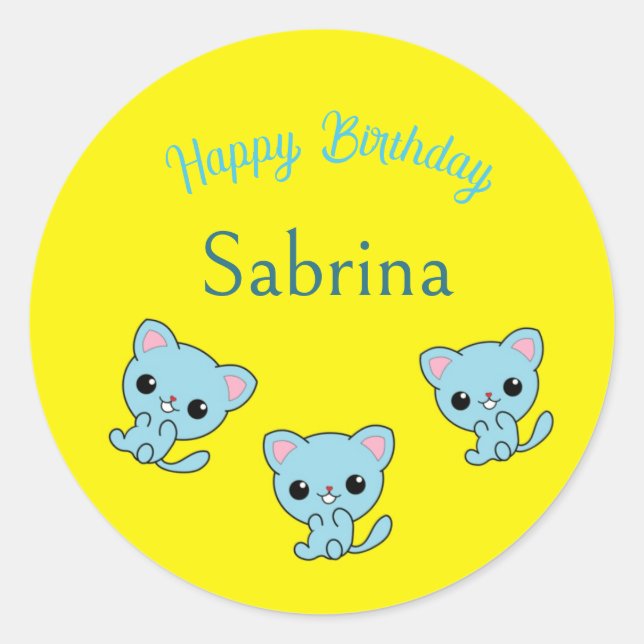 Sticker Rond Joyeux anniversaire mignon chatons bleu bondissant (Devant)