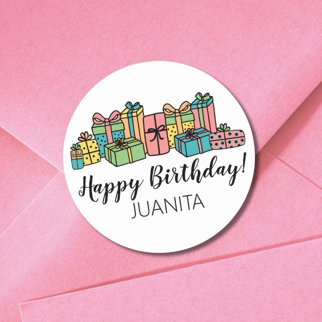 Sticker Rond Joyeux Anniversaire Mignon Moderne Coloré (Modern Classic Presents Colorful Happy Birthday Classic Round Sticker)