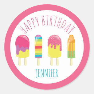 Sticker Rond Joyeux anniversaire mignon rose Popsicle party kaw