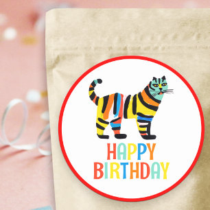 Sticker Rond Joyeux Anniversaire mignon Tigre Colorful Chat