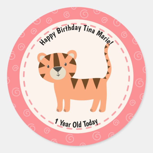 Sticker Rond Joyeux Anniversaire Mignonne Tiger Zoo Animaux (Devant)