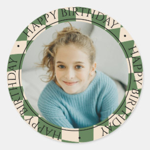 Sticker Rond Joyeux Anniversaire Moderne Rétro Colorée Photo Bl