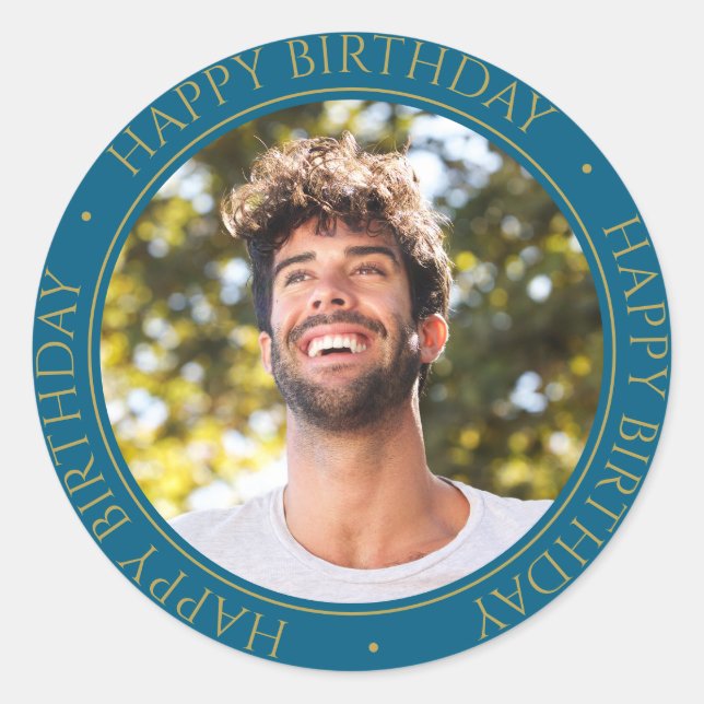Sticker Rond Joyeux anniversaire Moderne Simple Élégant bleu ph (Devant)