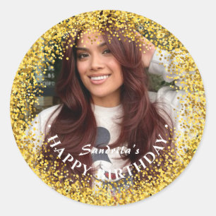 Sticker Rond Joyeux Anniversaire Moderne Simple Photo Personnal