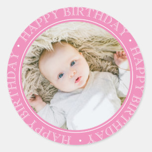 Sticker Rond Joyeux Anniversaire Moderne Simple Rose Photo Pers