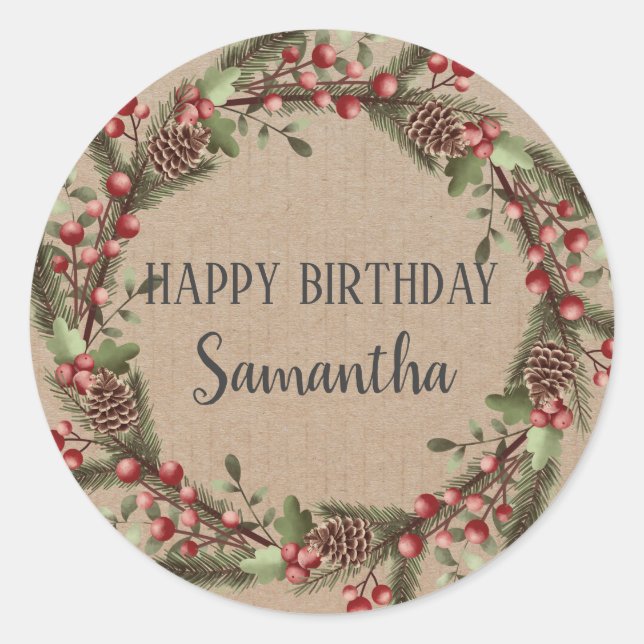 Sticker Rond Joyeux anniversaire Noël Floral Wreath Craft (Devant)