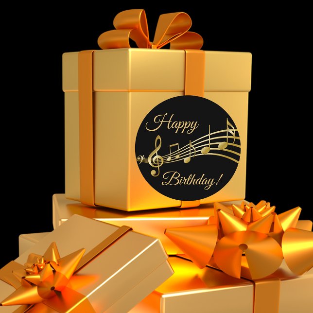 Sticker Rond Joyeux Anniversaire noir notes de musique (Créateur téléchargé)