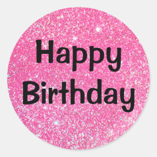 Sticker Rond Joyeux Anniversaire Noir Rose Chaud Paillettes Éti