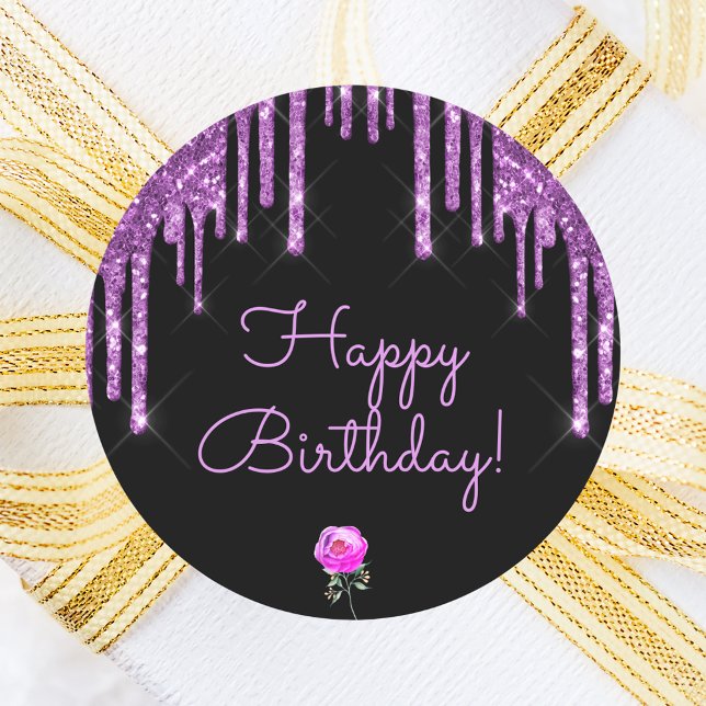 Sticker Rond Joyeux anniversaire noir violet parties scintillan (Créateur téléchargé)