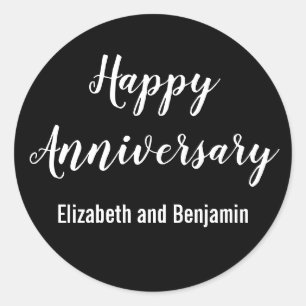 Sticker Rond Joyeux Anniversaire Noms de Couple Noir et Blanc