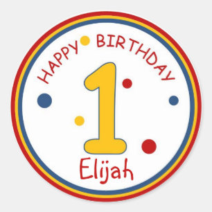 Sticker Rond Joyeux anniversaire numéro 1 de couleurs primaire