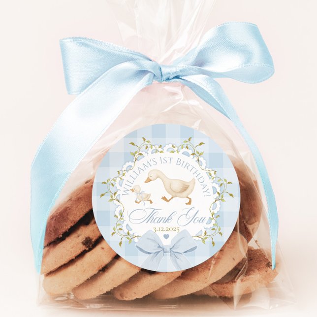 Sticker Rond Joyeux Anniversaire Oie Gingham Bleu Merci (Créateur téléchargé)