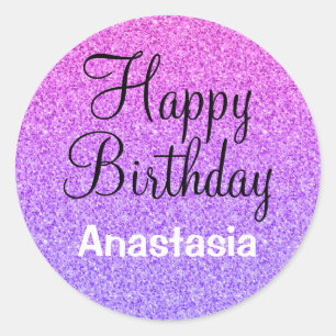 Sticker Rond Joyeux Anniversaire Ombré Paillettes Violettes