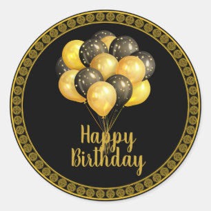Sticker Rond Joyeux anniversaire, or et noir,