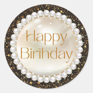 Sticker Rond joyeux anniversaire or script perles noir parties