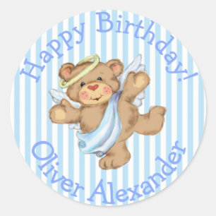 Sticker Rond Joyeux Anniversaire Ourson Ange Personnalisé