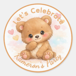 Sticker Rond Joyeux Anniversaire Ourson Bébé Neutre Mignon