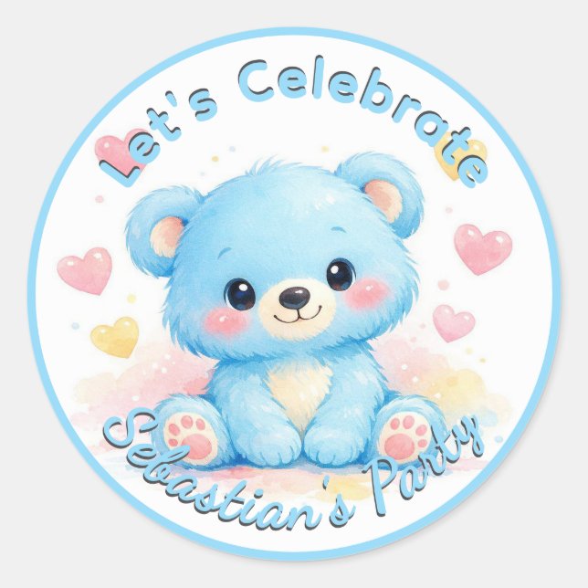Sticker Rond Joyeux Anniversaire Ourson Bleu Mignon (Devant)