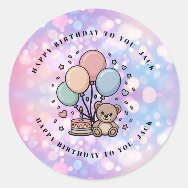 Sticker Rond Joyeux Anniversaire Ourson Mignon et Ballons Paste (Devant)