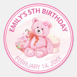 Sticker Rond Joyeux Anniversaire Ourson Rose Aquarelle & Fleurs