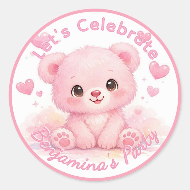 Sticker Rond Joyeux Anniversaire Ourson Rose Bébé Fille (Devant)