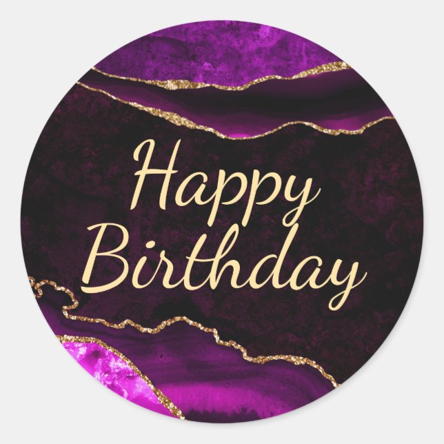 Sticker Rond Joyeux Anniversaire Paillettes Violet et Or Agate (Devant)