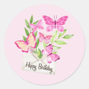 Sticker Rond Joyeux Anniversaire Papillons rose, Feuille