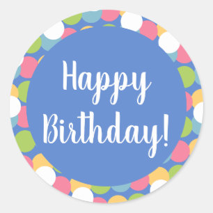 Sticker Rond Joyeux Anniversaire Pastel Bleu Polka Dot coloré