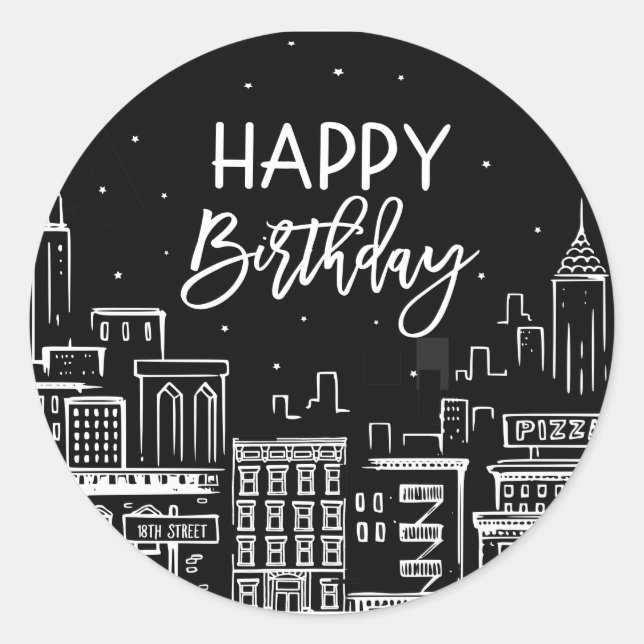 Sticker Rond Joyeux Anniversaire Paysage de Night City (Devant)