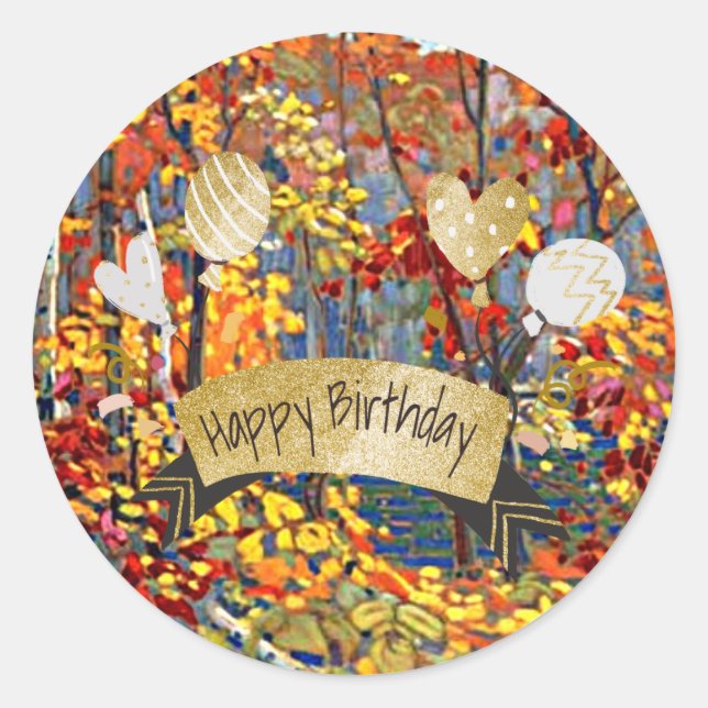 Sticker Rond Joyeux anniversaire, peinture d'art, (Devant)
